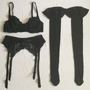 Vintage Victoria’s Secret Black Lace Bra, Garter Belt, and Stockings